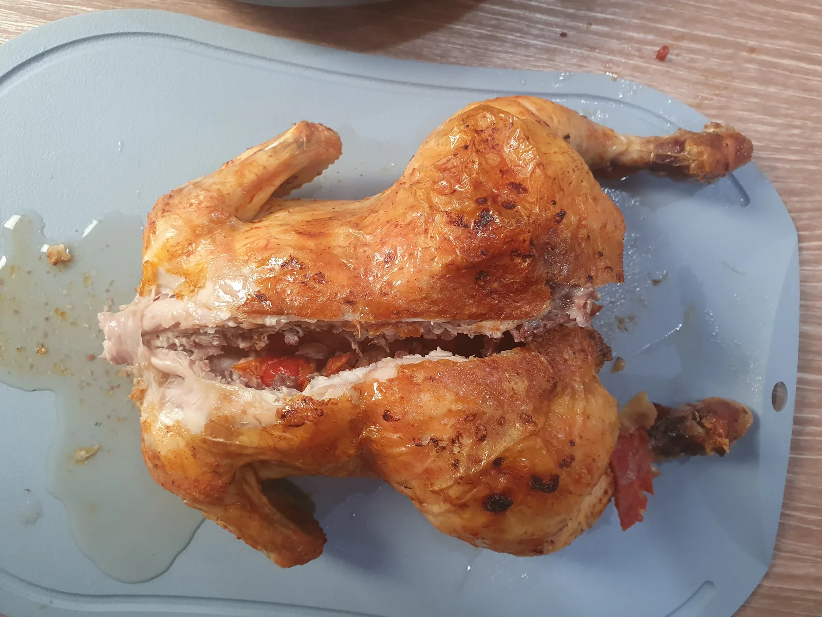 A whole roast chicken stuffed with chorizo