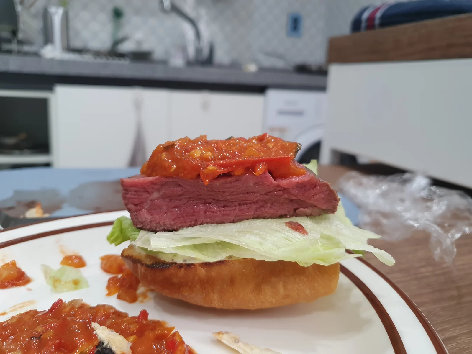 An open view of the steak sandwich