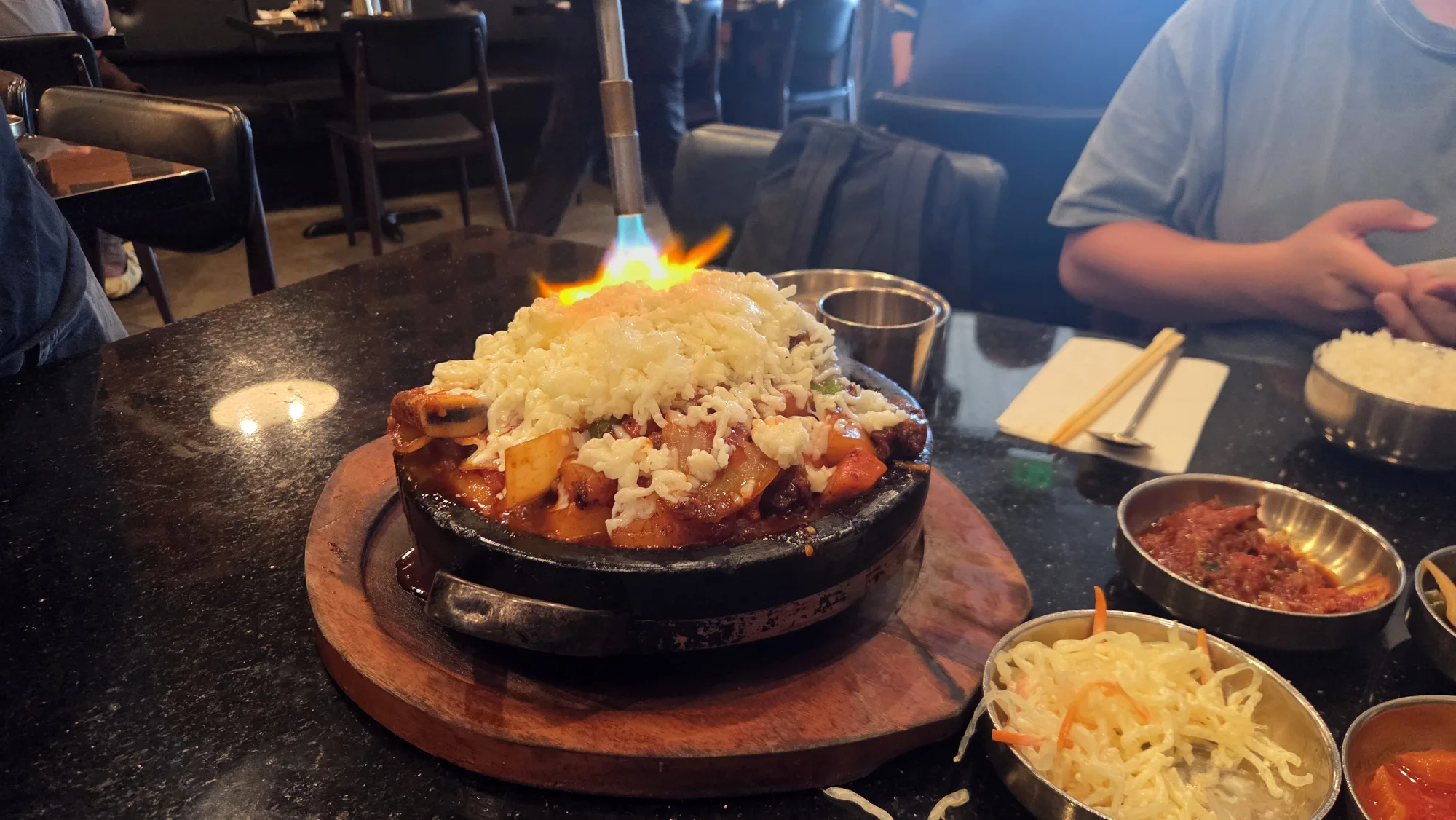 Cheese kalbijjim set aflame at Daeho Kalbijjim