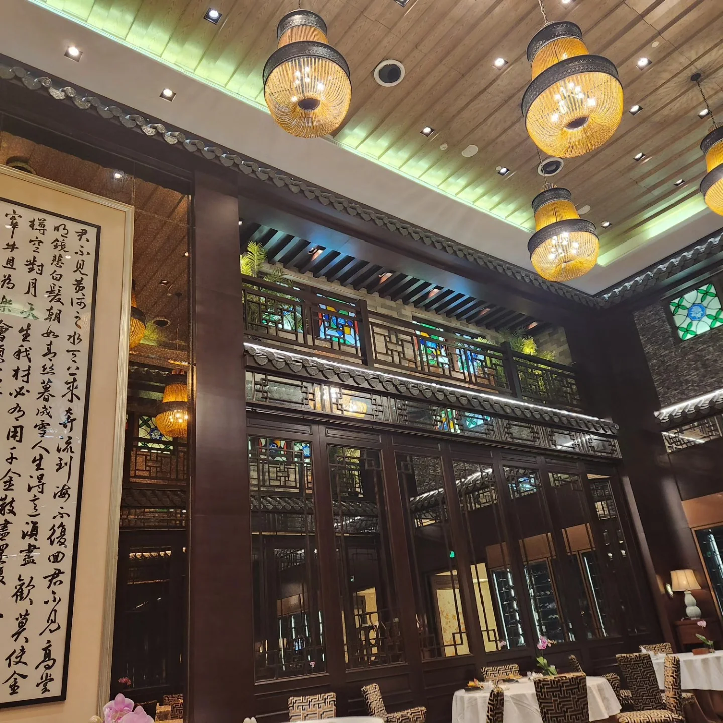 Wooden shelves and tables inside Ming Court