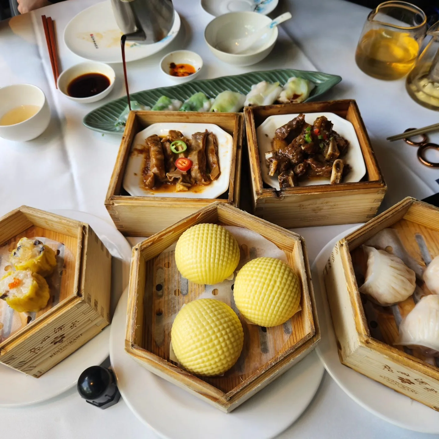 Several bamboo steamers of dim sum at Panxi Restaurant